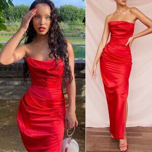 House of CB Adrienne Scarlet Red‎ Corset Satin Strapless Maxi Gown Dress Size XS